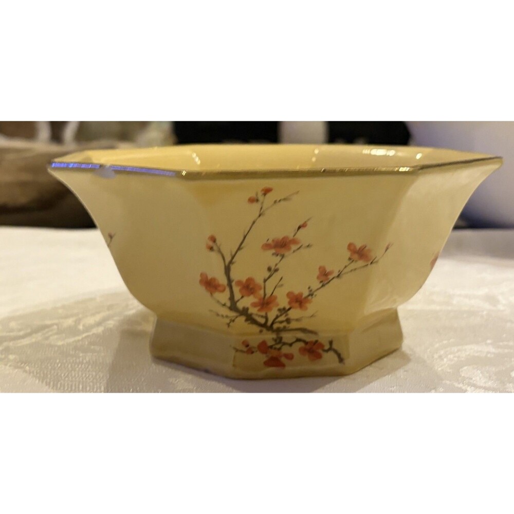 Vintage Hyalyn USA Pottery #832 Yellow Orange Blossom Hexagon Bowl